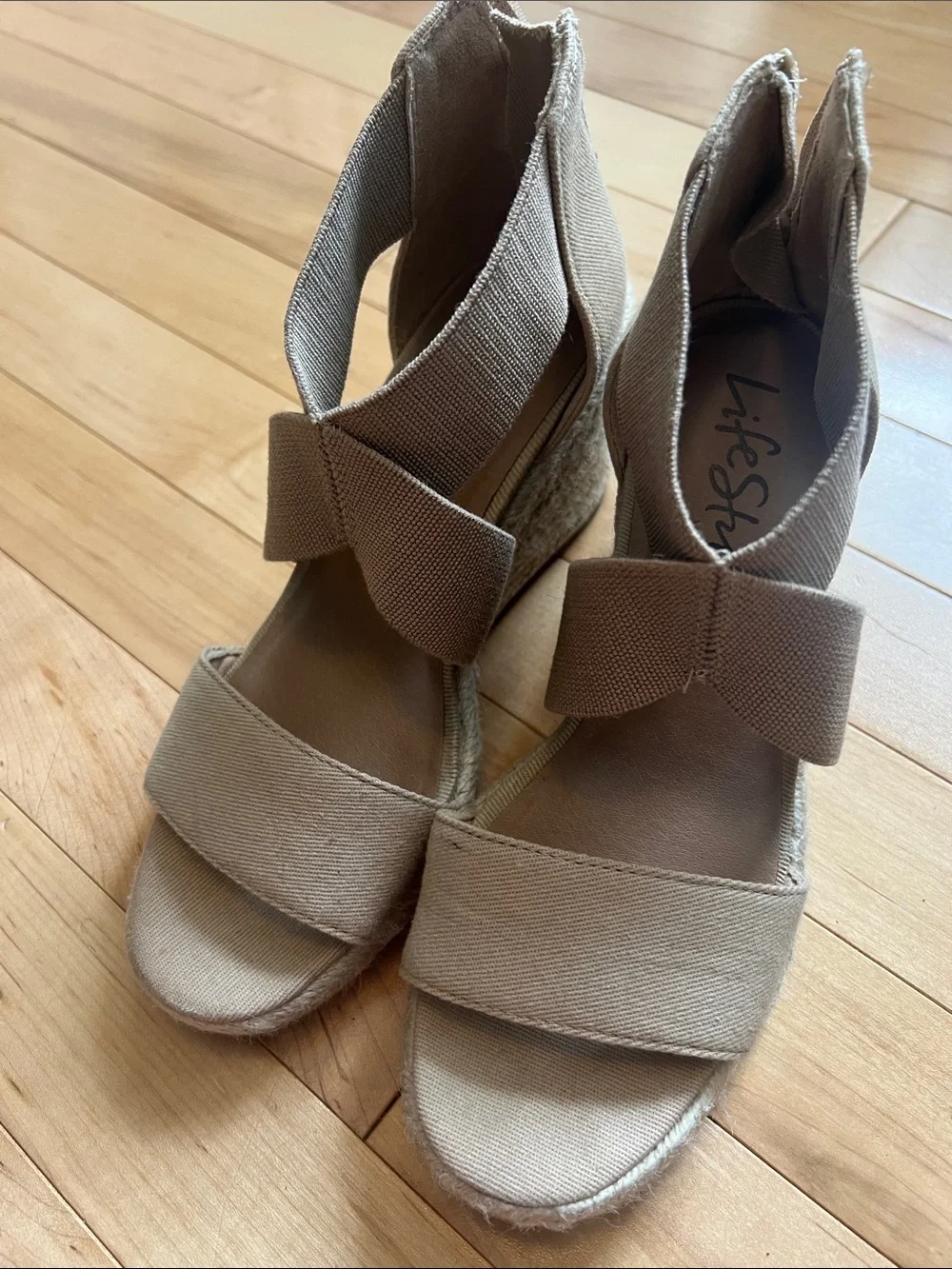 Life Stride Taupe Linen Bow Espadrille Wedge Sandals